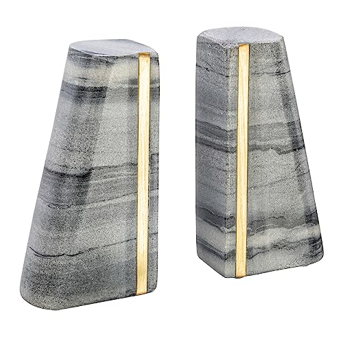 Main + Mesa Modern Marble Bookends with Brass Detail, Set of 2, Grey - color: Black
