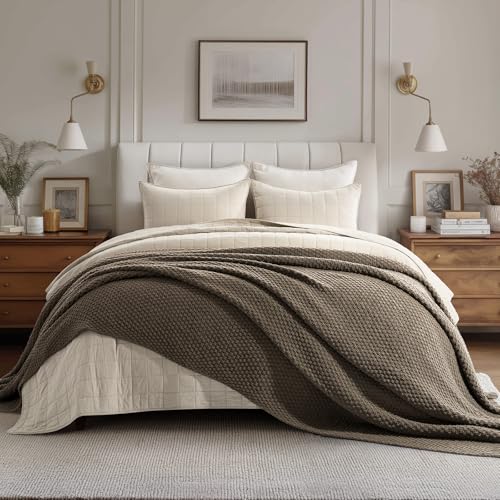 EVERGRACEHOME Chunky Chenille Knit Throw Blanket for Couch, Soft Luxurious Oversized Queen Moss Stitch Blanket for Bed, Cozy Farmhouse Knitted Throw for Sofa, Mocha Brown, 90" x 90" - color: Mocha Brown, size: 90" x 90"