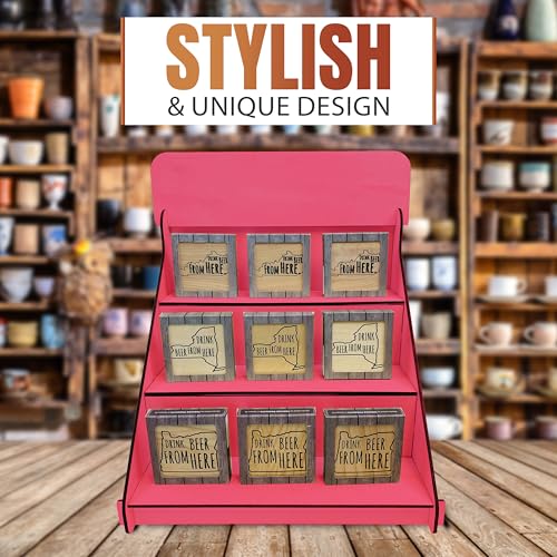 Wooden Portable Retail Table Display Stand Countertop 3 Step Riser Craft Shows, Farmers Markets Tradeshows |No Hardware Assembly Flat Pack Soap Display CBD Jewelry Spices Cups Tumblers Coasters - color: Pink