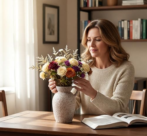 Stone Vase Home Table Decor, Beige Ceramic Stone Modern Rustic Farmhouse Vase Set of 3 Centerpiece for Shelf Bedroom Bathroom Desk - color: 16 Khaki
