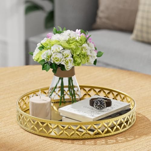 EKNITEY Bathroom Counter Vanity Tray - Perfume Makeup for Dresser Tops Gold Round Serving Candle Decorative Storage Home Decor 11'' Floral-gold - color: Floral-gold