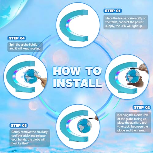Flagest Magnetic Levitation Floating Globe, Levitating C Shape Globe with Cyan Frame and LED Lights for Education Home Office Desk Decor, Holiday Anniversary Creative Gift(3.3 Inches) - color: Cyan