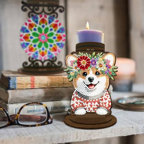 BAYUNOE DIY Candlestick Holders Wooden Desktop Diamond Art Painting Candle Holder Double-Sided Diamond Vintage Modern Decorative for Table Mantel Wedding Dinning Party-Dog - color: Dog