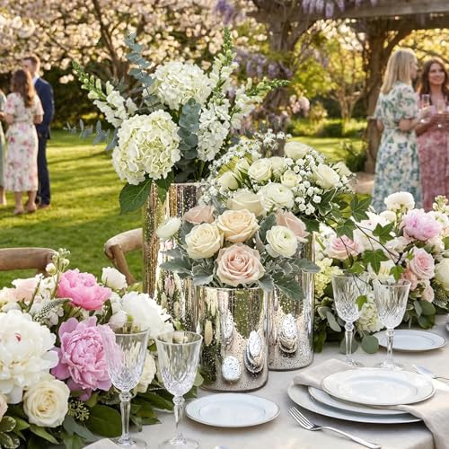 12 Pcs Silver Cylinder Vases for Centerpieces Mercury Vase Hurricane Vase Bulk Acrylic Round Wide Container for Flowers Home Office Wedding Table Decorations (4''/6''/8'') - color: Silver, size: 4''/6''/8''