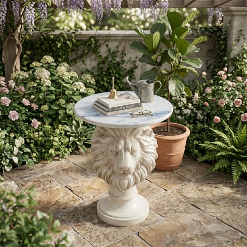 White Lion Head Sculptural Side Table with Faux Marble Top, 19.68" Round Resin Animal End Table, 25.59" H Majestic Accent Table for Living Room & Entryway, Regal Housewarming Gift - color: White Lion