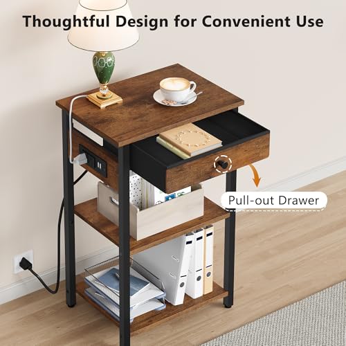 Gewudraw Printer Stand with Charging Station, 3-Tier Under Desk Printer Table, End Table with Storage Shelves for Home Office, Living Room,Bedroom,Bathroom,Brown - color: Rustic Brown, size: 3 layer & CS