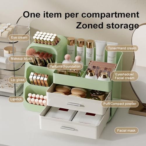 Booklov Makeup Organizer for Vanity, Large Capacity Cosmetic Display Case with Drawers, Countertop Beauty Storage Holder for Skincare, Brush Eyeliner Eyeshadow Lipsticks, Counter Desk, Cream Green - color: Green & Cream, size: L01