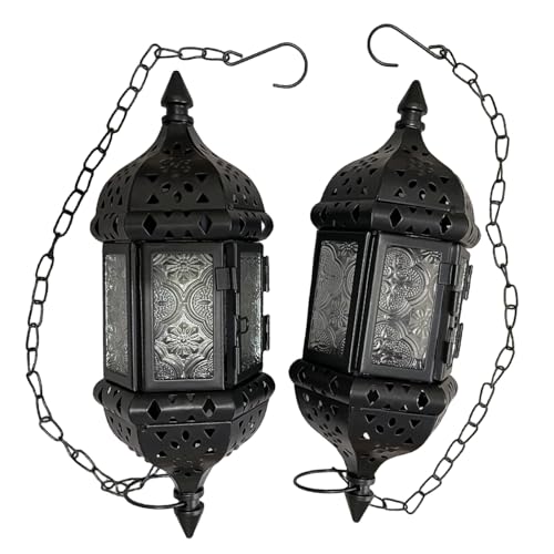 2PCS Moroccan Decorative Candle Lantern Metal Hanging Tealight Candlestick Holder Glass Indoor Outdoor LED Flameless Candle Holder 13.8 inches Chain (Black) - color: Black