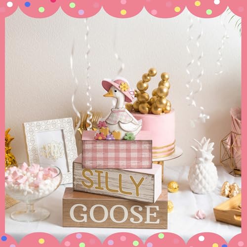 Yuntau 4 Pcs One Silly Goose Birthday Party Decoration Wood Silly Goose Table Sign Pink Baby Shower Tiered Tray Decor Tabletop Centerpieces for First Birthday Baby Shower Home Shelf Office - style: Goose