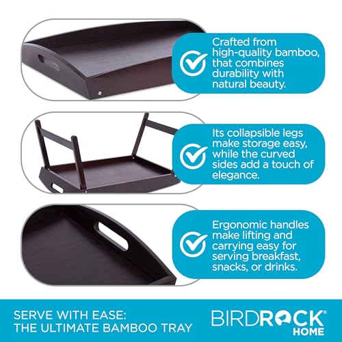 BirdRock Home Bamboo Bed Tray | Wooden Curved Sides Breakfast Serving Tray with Folding Legs | Walnut