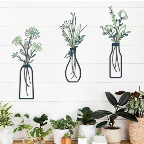 Pigort 3 Pieces Metal Flowers Wall Arts - Rustic Farmhouse Style Décor Metal Wall Art Minimalist Flower Natural Themed Wall Decors for Home Bedroom Dining Room Housewarming (Deep green) - color: Green