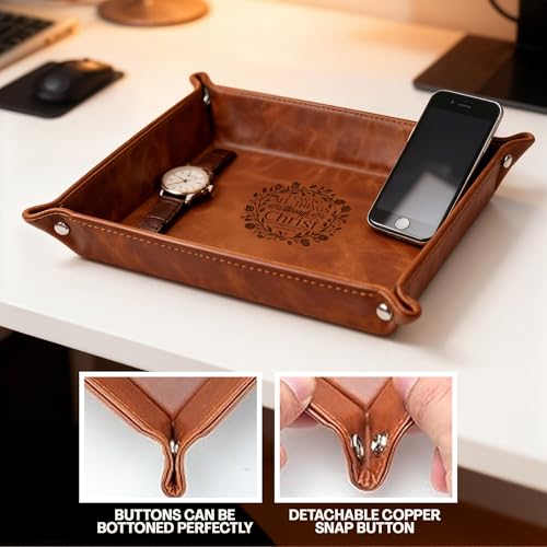 Personalized Leather Tray Philippians 4:13 – Custom Engraved Men’s Valet Tray Organizer with Name or Initials – Religious - style: philippians 4:13