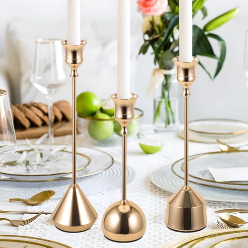 Elegant Vintage Champagne Gold Candlestick Holders, Set of 3 Taper Candle Holders with Weighted Base for Wedding, Dining Table, Holiday Decor - color: Gold