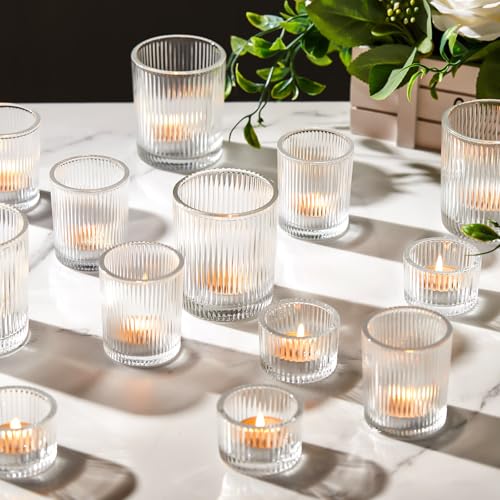 Mumufy 24 Pcs Assorted Votive Candle Holders Ribbed Glass Tealight Candle Holder Bulk for Table Centerpiece, Baby Shower, Home and Wedding Party Decoration (Clear) - color: Clear