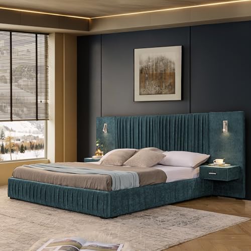 Luxury King Size Bed Frame with Oversized Upholstered Headboard, Modern Chenille Upholstered Platform Bed Frame with Gold LED Lights, Nightstands, No Box Spring Needed, Blue - color: Blue, size: King