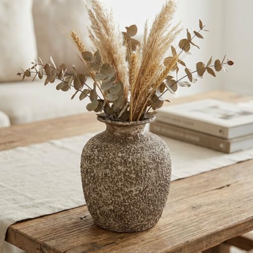 Brown Ceramic Vase - 7 Inch Rustic Textured Vase for Flower, Terracotta Farmhouse Vases for Home Decor, Coffee Table, Artificial Branches, Night Stand Decor - color: Rustic Brown