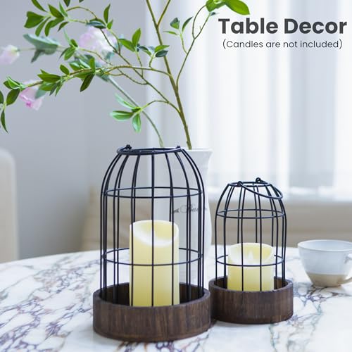 Perfnique Decorative Candle Lantern, Set of 2 Farmhouse Table Lanterns for Home Decor, Rustic Table Centerpieces for Dining Room, Fireplace Mantle Kitchen Decoration (Walnut)