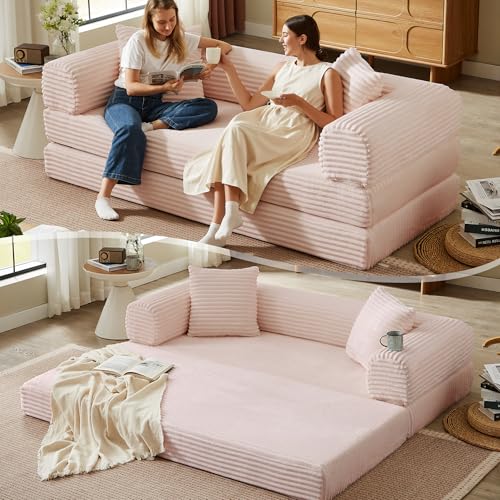 Boneless Couch Versatile Couches for Living Room No-Install Sofa Bed Corduroy Futon Soft Cloud Couch with Pillows for Bedroom Game Movie (Pink, 76") - color: Pink