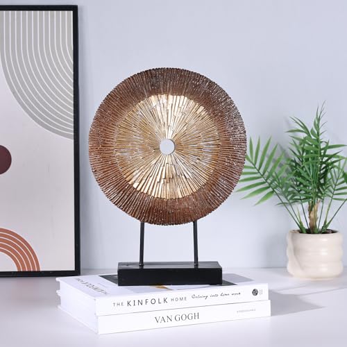12" Tall Abstract Brown Gold Round Sculpture - Unique Wood Color Home Decoration for Above Cupboard Decor, Living Room Coffee Table, Console, Office, Entrance, Table Centerpieces (Brown Gold) - color: Brown Gold