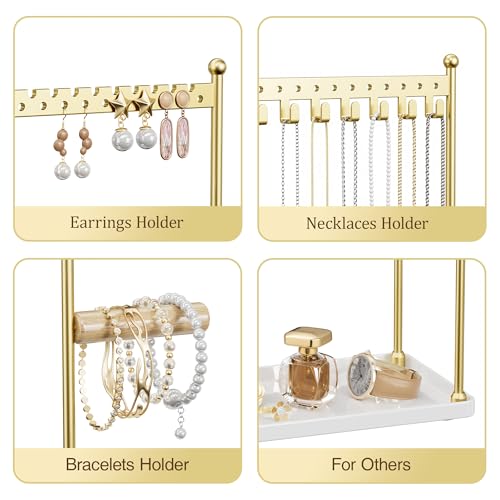 3 Tier Gold Jewelry Stand, Necklace Organizer, Earring Holder with 44 Holes and 9 Hooks, for Necklaces, Bracelets, Rings - color: Gold