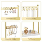 3 Tier Gold Jewelry Stand, Necklace Organizer, Earring Holder with 44 Holes and 9 Hooks, for Necklaces, Bracelets, Rings - color: Gold