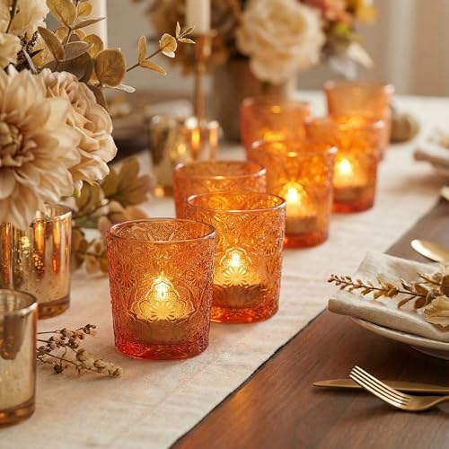 12 Pack Mandala Embossed Glass Candle Holders – Votive Tealight Holders with Patent Design, Decorative Embossed Glass Cups for Wedding Centerpieces, Parties, and Home Décor (Pumpkin Spice) - color: Pumpkin Spice