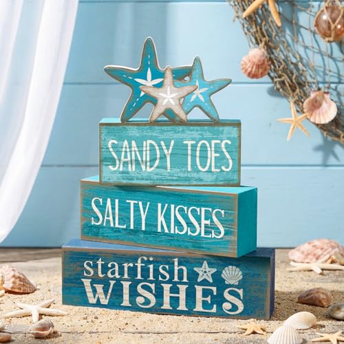 Yuntau 4 Pcs Summer Table Decorations Beach Tiered Tray Decor Starfish Coastal Rustic Wooden Block Sign Stacked Book Nautical Table Centerpiece for Farmhouse Home Living Room Office Desk Shelf Mantel - style: Starfish