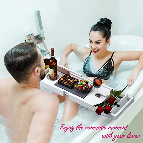 Bathtub Caddy Tray for Luxury Bath - Bamboo Waterproof Expandable Bath Table Over Tub with Wine and Book Holder and Free Soap Dish (White) - color: White