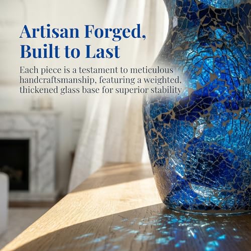 8" Deep Blue Mosaic Vase, Klein Blue Glass Flower Vase with Silver Wave Crest Design, Hand-Pasted Ocean Art Centerpiece for Modern Home, Living Room & Office - color: Blue