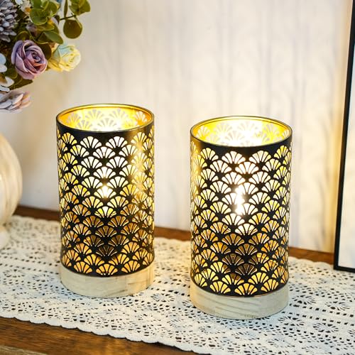JHY DESIGN Set of 2 Metal Battery Powered Lamps 7.5''H Accent Cordless Lamps with 6-Hours Timer for Weddings Party Patio Garden Indoors Outdoors Table Balcony（Wooden Base） - color: Black