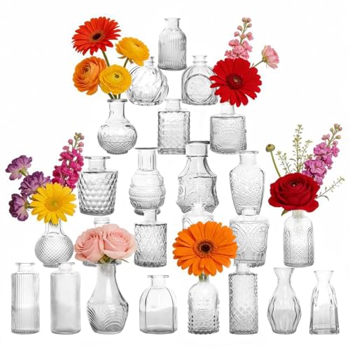 Petal Petite Glass Vase Set of 24 Small Clear Glass Bud Vases, Mini Vintage Flower Vases for Wedding Centerpieces & Table Décor, Champagne Vases in Bulk for Single Stem, Home and Office Decor - color: Clear