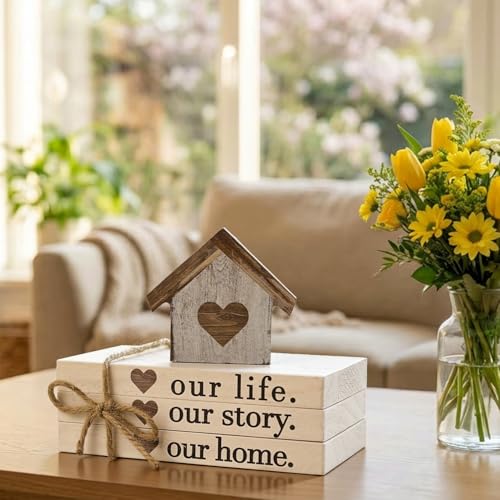 Smile Farmhouse Wooden Tabletop Decor Our Home Our Story Our Famliy Table Centerpiece, Block Sign Tiered Tray Decoration for Kitchen Shelves Desk Mantel - style: Our Story