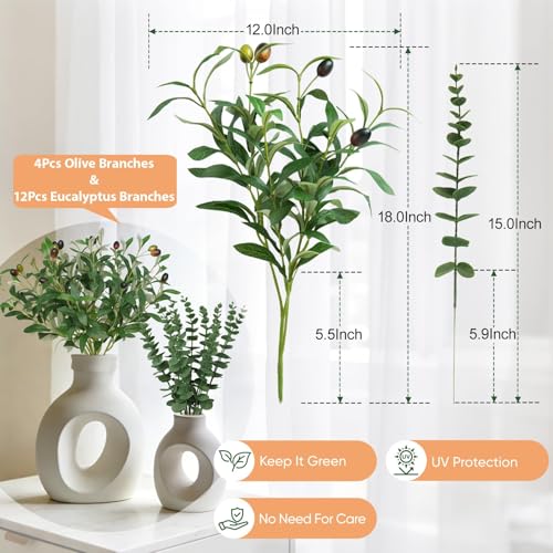 16Pcs Faux Olive Branches&Eucalyptus Branches, 18''Artificial Olive Stems 15''Eucalyptus Stems,Perfect Greenery for Vase,Centerpieces,Spring Decor,Home Decoration for Dining Room&Living Room