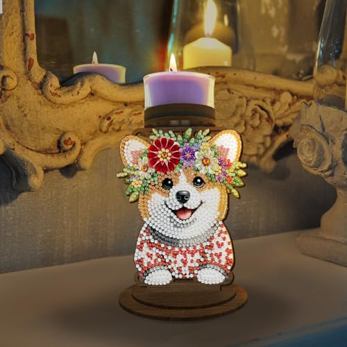 BAYUNOE DIY Candlestick Holders Wooden Desktop Diamond Art Painting Candle Holder Double-Sided Diamond Vintage Modern Decorative for Table Mantel Wedding Dinning Party-Dog - color: Dog