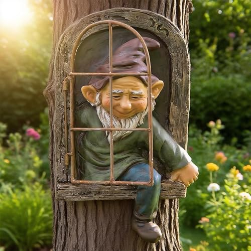 Teaeeno 12-inch Elf Out The Door Tree Hugger, Garden Gnome Statue Decor Outdoor, Large Outdoor Tree Hugger for Yard Art, Trees Decorations Outdoor Wallmounted Statue - color: Black