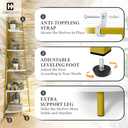 CAPHAUS Tall Corner Shelf Stand, 5-Tier Display Shelves, Ladder Corner Wood Storage Plant Bookshelf with Metal Frame, Versatile Shelving Unit Bookcase for Home Office Space, Gold - color: Gold, size: 5-Tier