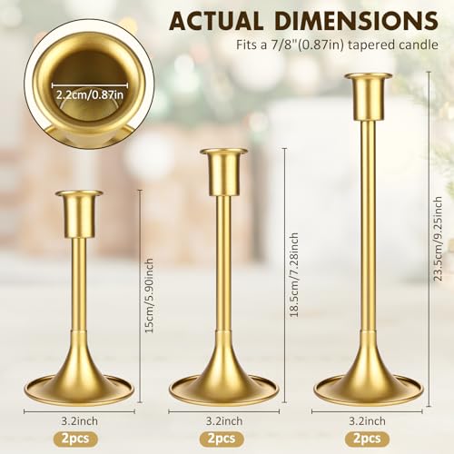 Gold Taper Candle Holders Set of 6 with Anti-Slip Pad Vintage Small Low Metal Candles Metal Candelabra Set for Weddings, Dinners & Parties, 3 Sizes (6, Lengthen Gold)