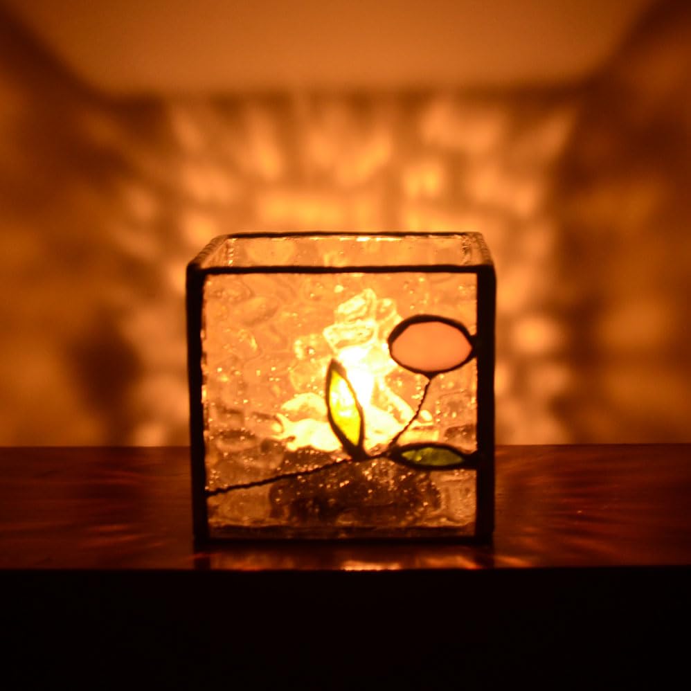 Handmade Windproof Stained Glass Cube Candle Holder - 5-Sided Floral & Leaf Design for Altar, Prayer, Windowsill - Sacred Gift for Christians, Mom, Christmas & Easter (Flower) - color: Flower
