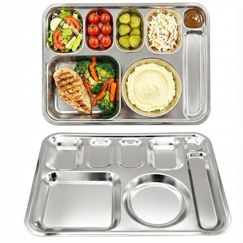 Korean Stainless Steel Divided Plates with Cutlery Slot for Adults, Premium 304, Electro-Polished, No Black Residue, BPA-Free, XL 8-Compartment Food Tray, Camping, Set of 2 - size: 8 Compartments