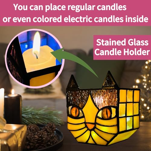 Yellow Cat Plant Pot with Drainage,Cute Planters for Indoor Plants,Stained Glass Cat Flower Pots,Fun Candle Holder Glass Container,Gifts for Gardeners Woman - color: Black-yellow