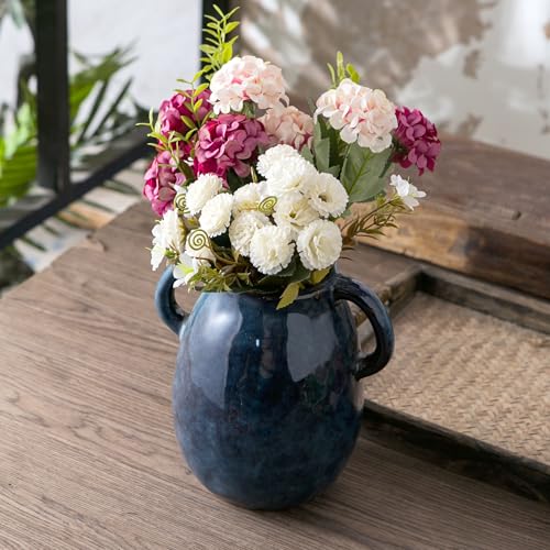 Blue Ceramic Vase with 2 Handles for Modern Farmhouse Home Decor, Vintage Rustic Decorative Vases, Small Vase for Fresh and Dried Flowers, Centerpiece Table Decorations, 7 Inch - color: 1 Blue Handles