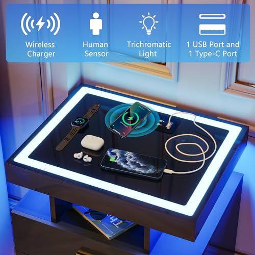 Lvifur LED Nightstand with Wireless Charging Station, Auto Sensor 3 Color Dimmable Night Stand, Modern Bedside Table with 3 Drawers & 3 Open Compartments for Bedroom, Black - color: Black 3 Drawers-glass Top