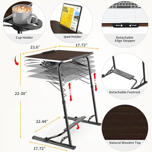 FoldWise Upgraded Folding TV Tray Table - Extra Large & Sturdy Laptop Table for Couch, Height & Angle Adjustable Desk for Dinner, Work & TV - Includes Footrest, Cup Holder, iPad Holder & Edge Stopper - color: (Black) - Dark Wood Mahogany