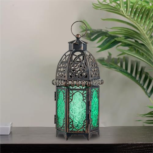 NEEDOMO Hanging Moroccan Lantern, 12.8'' Vintage Candle Holder, Metal Lanterns Decorative Indoor Outdoor, Table, Patio, Porch, Shelf, Gothic Home Decor (Green, Large Size) - color: Green, size: Large