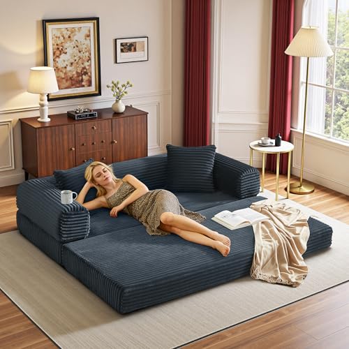 Boneless Couch Versatile Couches for Living Room No-Install Sofa Bed Corduroy Futon Soft Cloud Couch with Pillows for Bedroom Game Movie (Dark Gray, 76") - color: Dark Gray