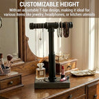 MyGift Adjustable Height Industrial Pipe Organizer Stand - Rustic T-Bar for Jewelry, Headphones, Medals, Kitchen Utensils & Display, Gray Wood Base (Black/Gray, Country Style) - color: Black / Gray