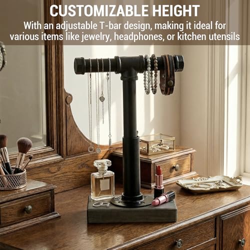 MyGift Adjustable Height Industrial Pipe Organizer Stand - Rustic T-Bar for Jewelry, Headphones, Medals, Kitchen Utensils & Display, Gray Wood Base (Black/Gray, Country Style) - color: Black / Gray