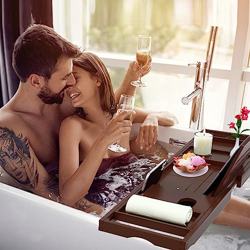 Premium Bamboo Bathtub Caddy Tray - Bath Tray - Bath Tub Tray Table for Bathtub - Expandable Size, Fits Most Bath Tubs - Brown - color: Brown