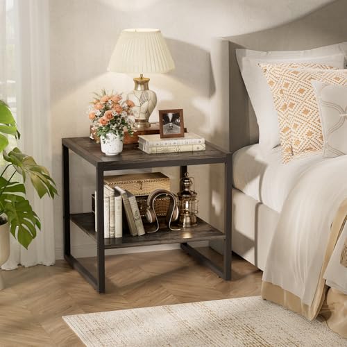 Homieasy End Table, 20 Inch Square End Table, Mini Fridge Stand with 2-Tier Storage Shelves, Industrial Wood Side Table Small Table Stand for Living Room, Bedroom, Office, Black Oak - color: Black Oak