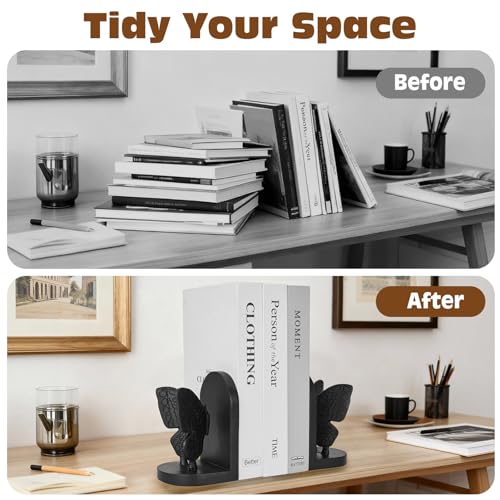 Black Butterfly Book Ends for Shelves, Butterflies Statue Decorative Bookends for Heavy Books, Resin Book Ends with Non-Slip Felt Base for Home Farmhouse Shelves Office Lover Gift - color: Butterfly Bookends Black